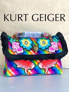 KURT GEIGER Kensington Embroidered Velvet Fringe convertible bag fish floral NWT